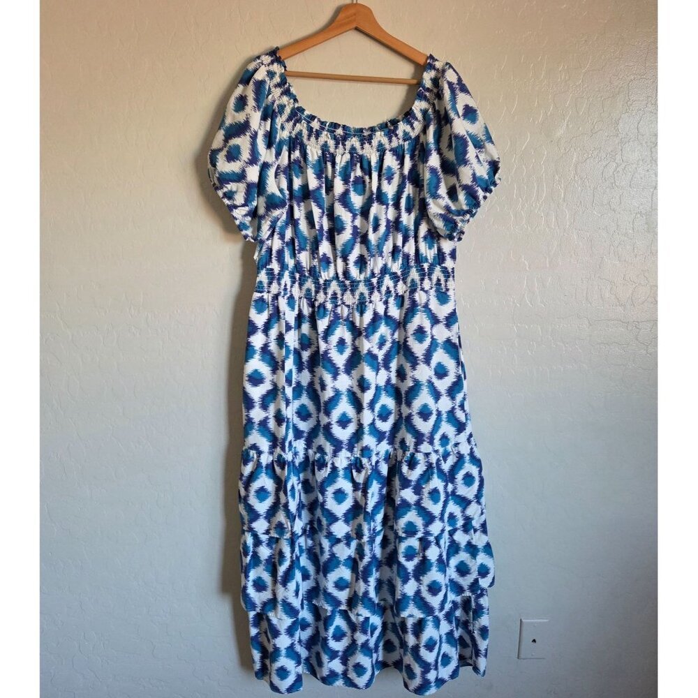 Knox Rose Puff Short Sleeve Smocked Tiered Maxi Dress Blue Ikat Size Women's XL